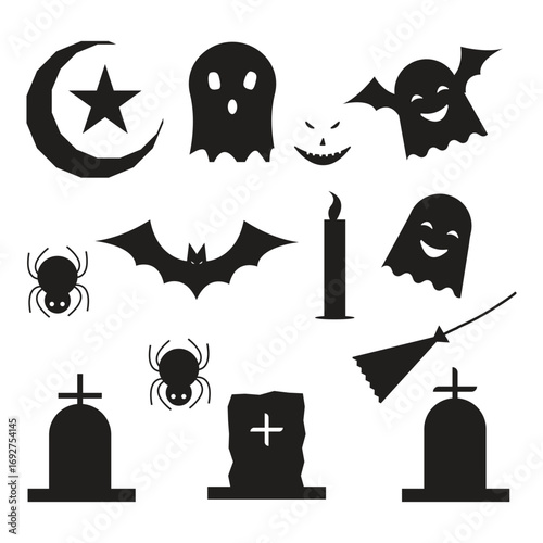 Spooky Halloween Silhouette Set Ghosts, Bats, Spiders, and Tombstones