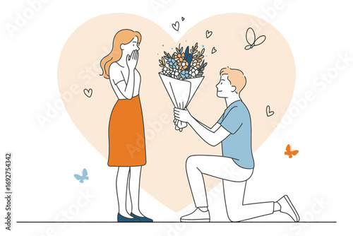 Romantic surprise marriage proposal indoors — vector illustration of kneeling partner offering engagement ring in a cozy modern home setting