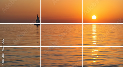 Educational example of rule of thirds application in photographywith sailboat at golden sunset horizon