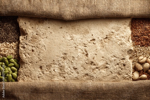 An overhead shot of seeds and nuts surrounding a stone slab on burlap, showcasing natural textures and earthly tones to evoke feelings of wholesomeness and raw ingredients.