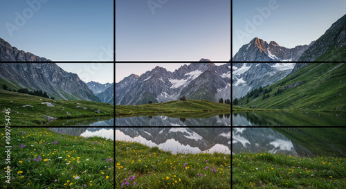 Mountain scenery with composition grid showing educational photography rule of thirds