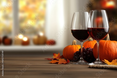 Autumnal Wine Delight: Two glasses of rich red wine stand elegantly on a wooden table, adorned with seasonal pumpkins and autumn leaves, with a warm, inviting atmosphere.