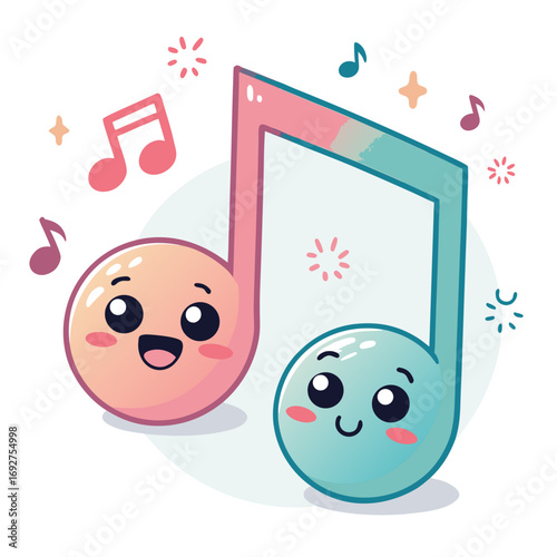 Cute cartoon music notes with smiling faces and colorful sound symbols