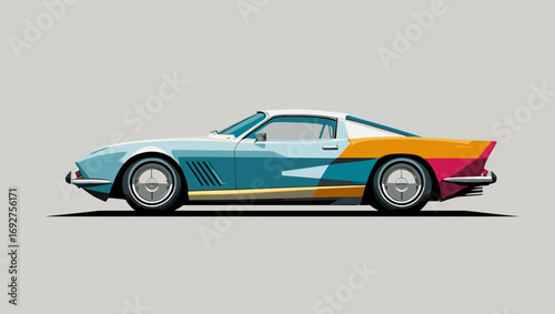 Retro sports car illustration with colorful geometric design on a light background
