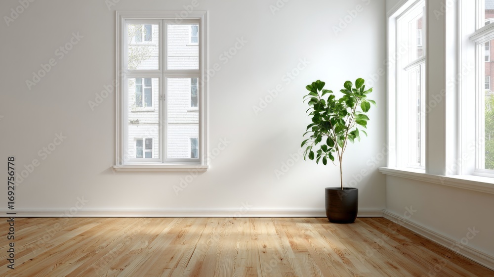 Fototapeta premium Bright empty room features a potted plant wooden floor and windows overlooking the outside