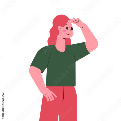 Woman Character Looking Into Distance with Hand at Forehead Vector Illustration