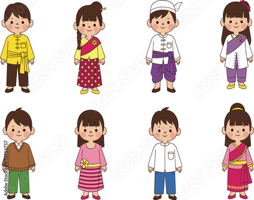 Cartoon children in traditional clothing, multicultural fashion illustration, cultural diversity, ethnic costumes, global heritage, cheerful kids, educational design, colorful outfits
