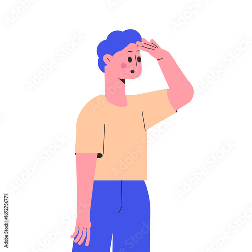 Man Character Looking Into Distance with Hand at Forehead Vector Illustration