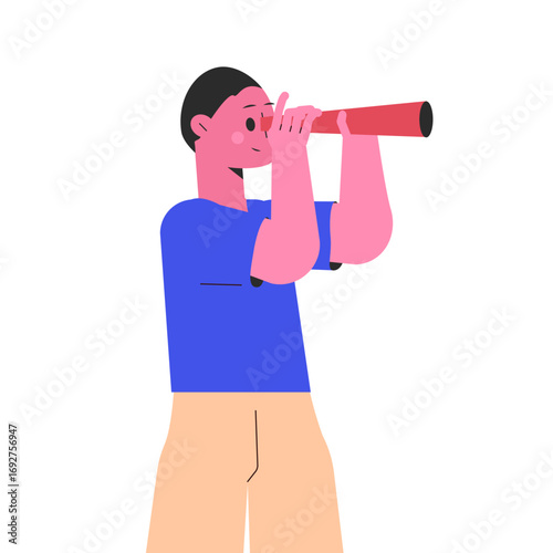 Man Character Looking Into Distance with Spyglass Vector Illustration