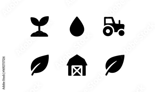 Minimalist black icons of farming elements and agriculture symbols