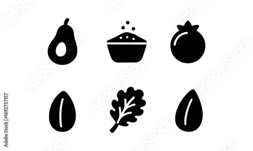 Minimalist silhouette icons of superfoods and healthy ingredients