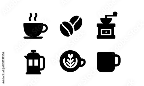 Minimalist coffee icons set: brewing equipment and symbolic elements for cafe themes