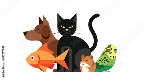 Diverse collection of domestic pets flat vector illustration on white Dog Cat Fish Hamster Budgie Animal Cartoon Cute Modern