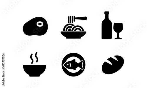 Minimalist food and drink icons: steak, pasta, wine, soup, fish, bread silhouettes