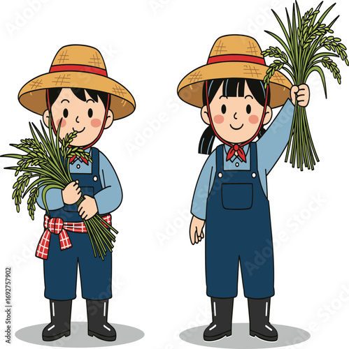 Cartoon farmer children holding plants, agricultural activity illustration, rural life theme, cute characters, farming outfit, straw hats, cheerful design
