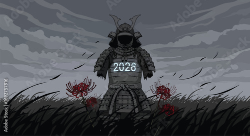 Eerie samurai armor with glowing 2026 and red spider lilies Japanese future dark illustration traditional warrior