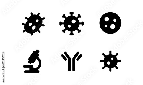 Silhouette icons of microorganisms and laboratory equipment