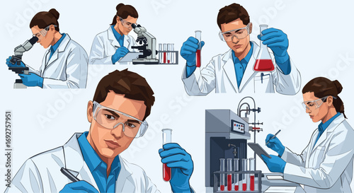 Diverse scientists performing scientific experiments in a modern laboratory research setting science medicine innovation technology development healthcare