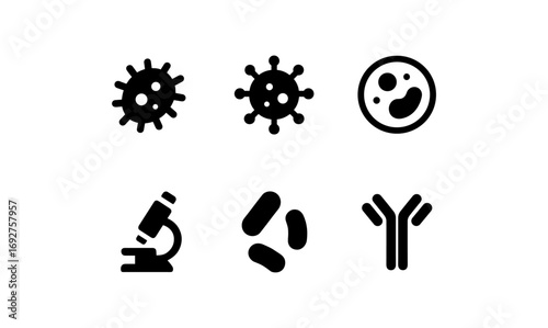 Minimalist microbiology icons: virus, bacteria, microscope, antibody