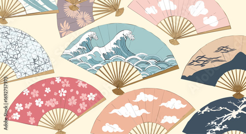 Elegant Japanese folding fans seamless pattern cultural wave cherry blossoms Asia oriental design decor background traditional