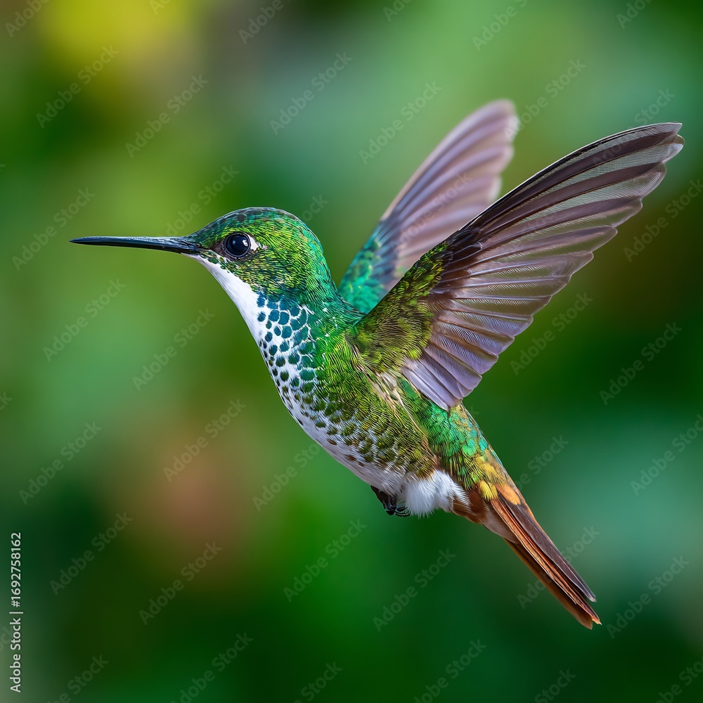 Fototapeta premium Macro style capture of butterfly like hummingbird in flight frozen wings with hyper realistic detail green blurred background