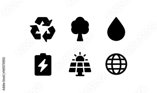 Eco symbols: recycling, renewable energy, and nature icon set
