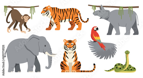 Cute flat design wild safari jungle animals collection elephant tiger monkey parrot snake rhino vector