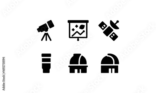 Astronomy icons set featuring telescope, satellite, observatory in minimalist style