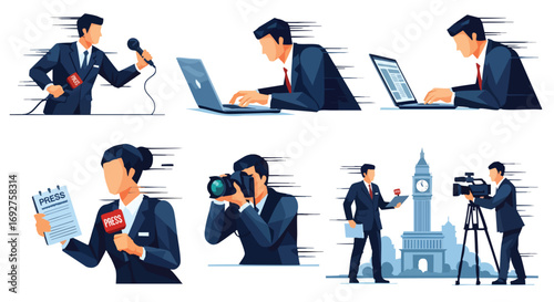 Dynamic press media professionals reporting news event vector illustration journalism broadcast photography live global