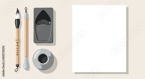 Traditional Asian Calligraphy Tools Ink Stone Brush Blank Paper Art Culture Writing Oriental Handcraft Painting Zen