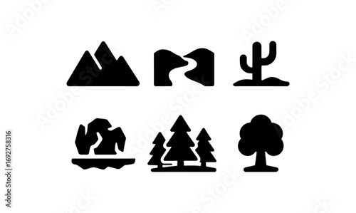 Silhouette nature icons: mountains, cacti, trees, and more for outdoor designs