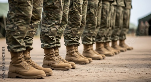 Soldiers in Formation Wearing Military Boots and Camouflage.