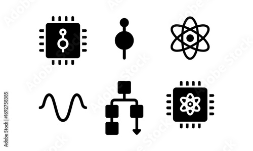 Abstract technology icons set: circuit, atom, chip, wave, diagram designs