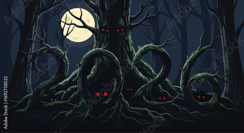 Eerie dark forest ancient trees with glowing red eyes Halloween horror mystery spooky monster vector night