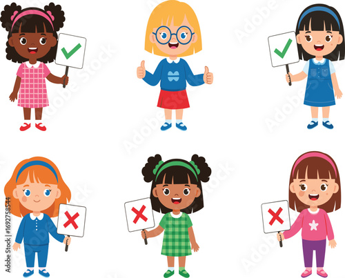 Cartoon girls, correct and incorrect signs, educational illustration, behavior choices, classroom poster, kids learning, decision making, vector design, preschool activity