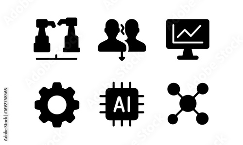 Black silhouette technology set: ai chip, gear, graph, robotics