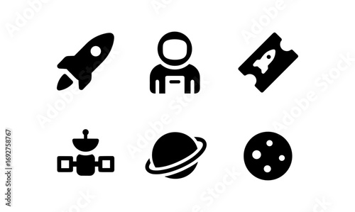 Space exploration icons: rocket, astronaut, ticket, satellite, planet, alien