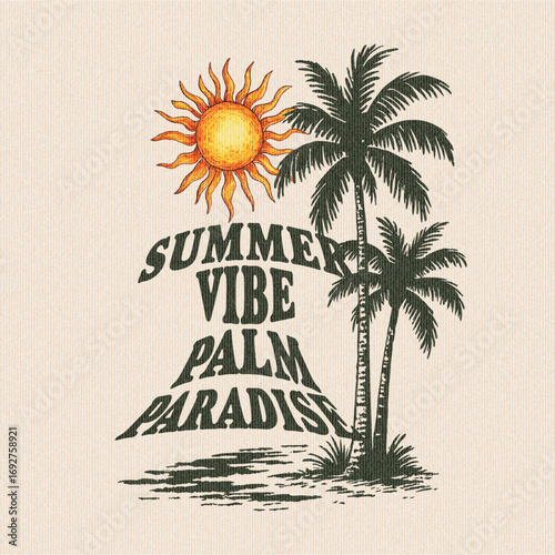 Summer paradise. Palm and surfboard artwork. Summer vibes artwork. Sunshine paradise graphic print design. Surf club design. . vintage line tree artwork. summer t shirt print design. handwriting 