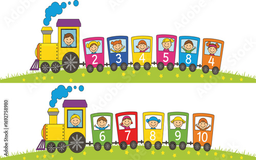 Colorful toy trains, cartoon children, numbered carriages, educational design, playful learning, preschool activity, counting fun, vibrant illustration, kids transportation, nursery decor