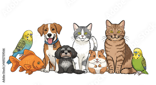 Cute friendly domestic animal group isolated white background vector dog cat bird fish hamster guinea pig kids
