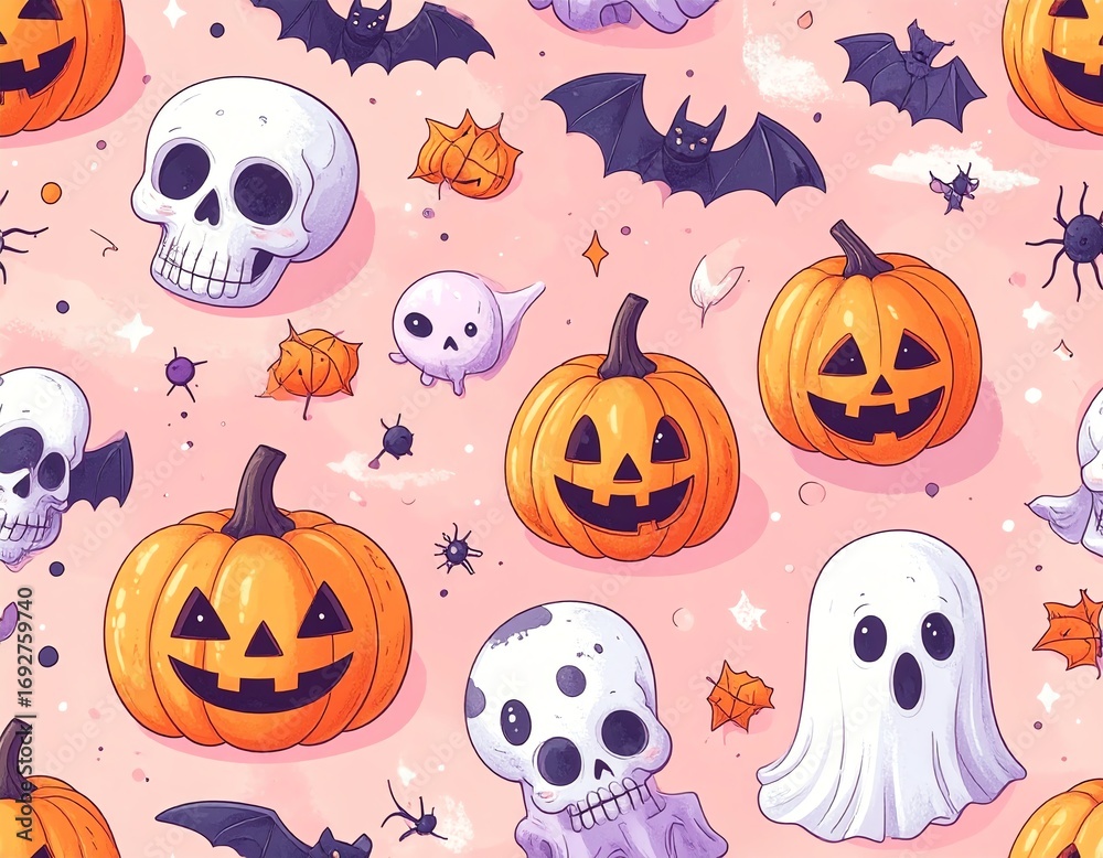 Colorful Halloween pattern with spooky elements. Colorful Halloween pattern with spooky elements.