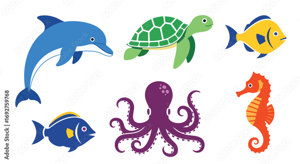 Naklejka premium Cute cartoon flat vector marine animals collection white background Dolphin Turtle Fish Octopus Seahorse Ocean Aquatic Kids Education
