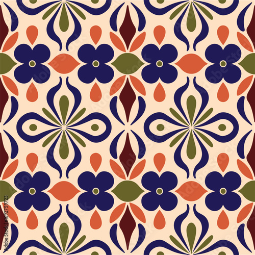 A repeating pattern featuring Kurdish traditional art, characterized by intricate geometric shapes, vibrant colors, and cultural motifs. Ethnic tile seamless pattern with flower hand draw tribal 