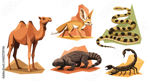 Geometric Desert Animals Vector Collection Isolated White Background Camel Fennecfox Snake Lizard Scorpion Wildlife Flat