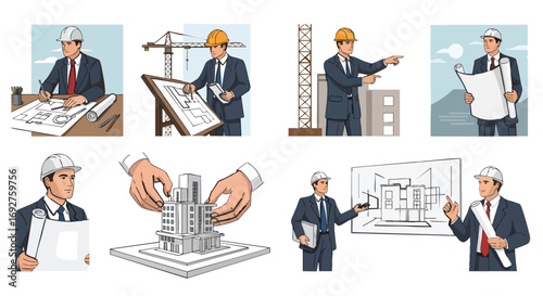 Architects and engineers actively engaged in construction design and planning illustrations blueprint architecture engineering building project development professional vector
