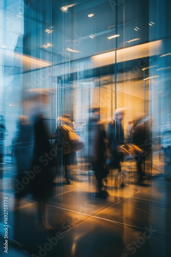 Crowd of blurred people figures moving through high-tech corporate lobby, evening tones with reflections, futuristic architecture