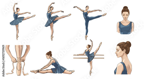 Elegant Ballet Dancer Poses Vector Illustration Set Training gracefully performance art isolated female dance