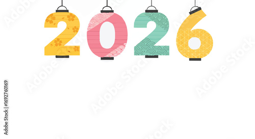 Colorful traditional Japanese lanterns creating year 2026 illustration New Year celebration festive Asian design culture holiday