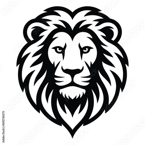 Majestic lion head emblem with fierce gaze and flowing mane in black and white