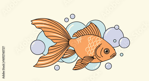 Stylized orange goldfish swimming with bubbles simple vector illustration fish aquatic pet animal underwater drawing flat design